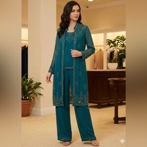 Roaman's Women's Stunning Beaded Georgette 3-Piece Pant Suit Set Teal Formal 16W